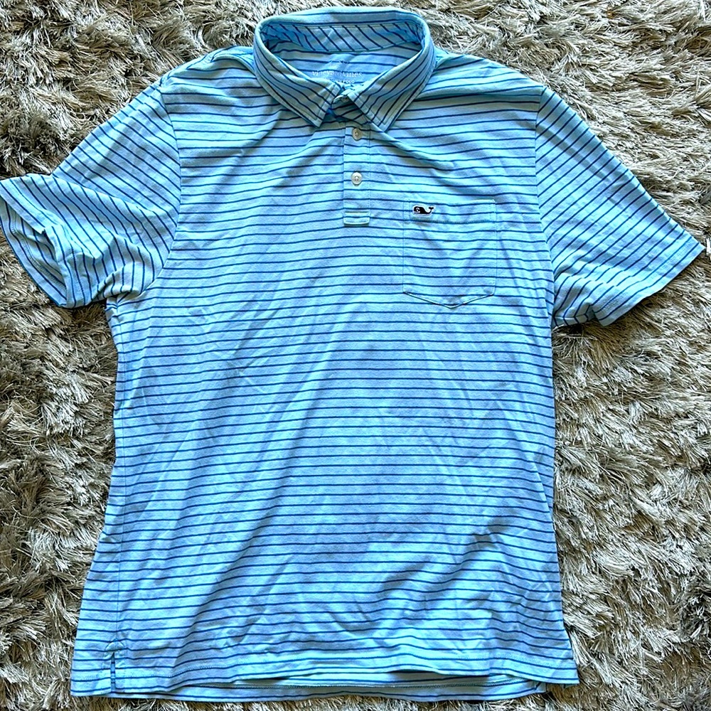 Vineyard vines, Edgerton Polo. Blue with darker blue stripes. Medium